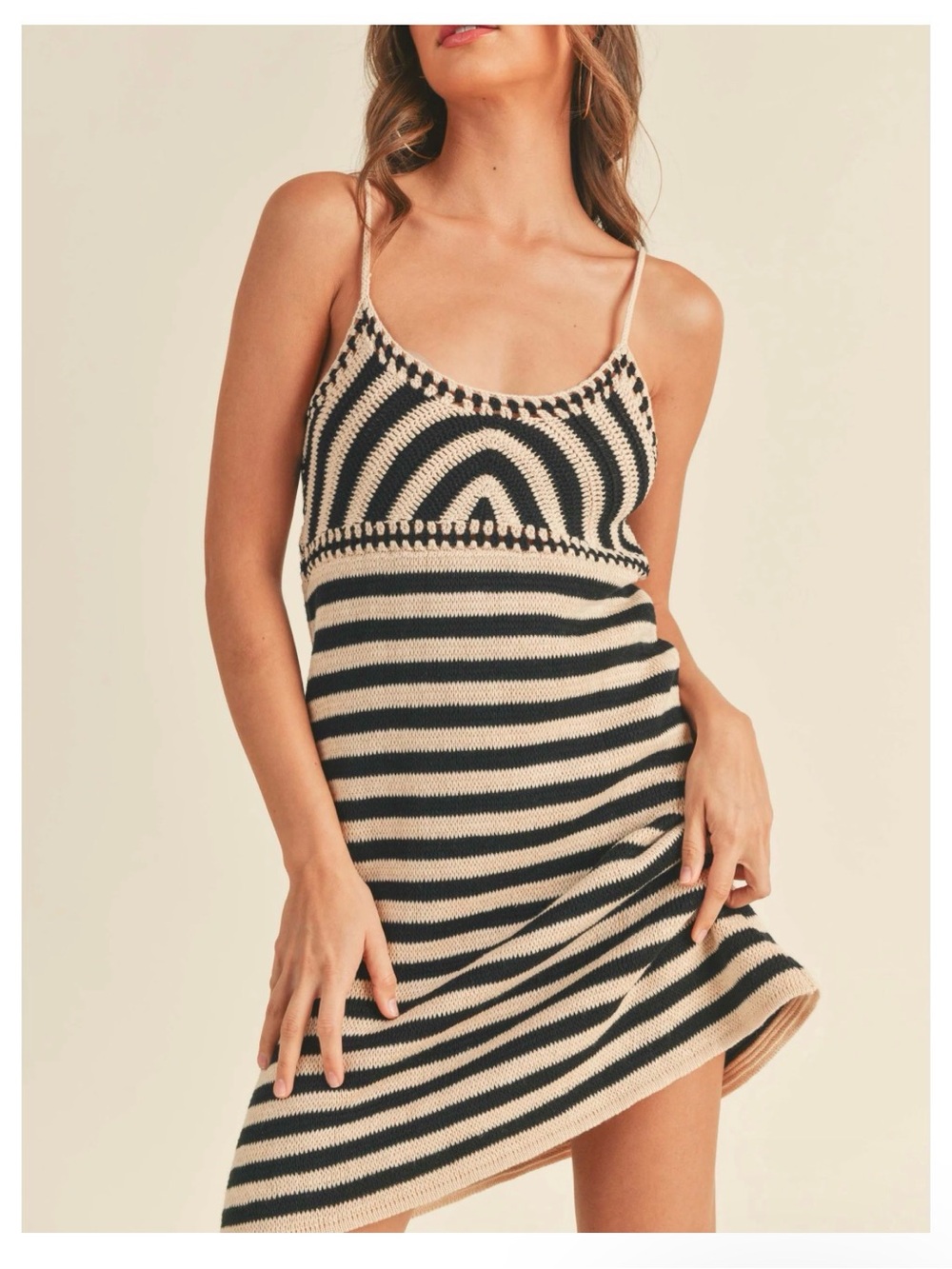 Striped Knit Midi Dress in Beige and Black - Women